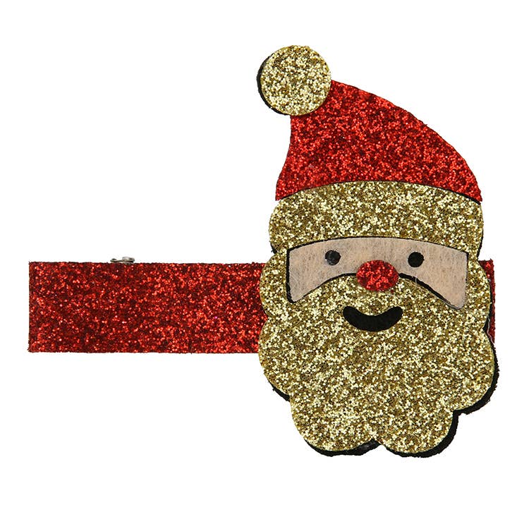 Cute Glitter Santa Hair Clip featuring a festive Santa design, perfect for adding holiday cheer to everyday wear and photos. This charming hair accessory can be paired with tutus, necklaces, bracelets, hats, bags, and headbands, allowing for personalized outfits that celebrate the holiday season. Ideal for creating memorable moments during the festive period.