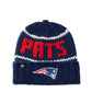 Hand-knit New England Patriots beanie made of 100% merino wool, with 'Pats' stitching and team logo.