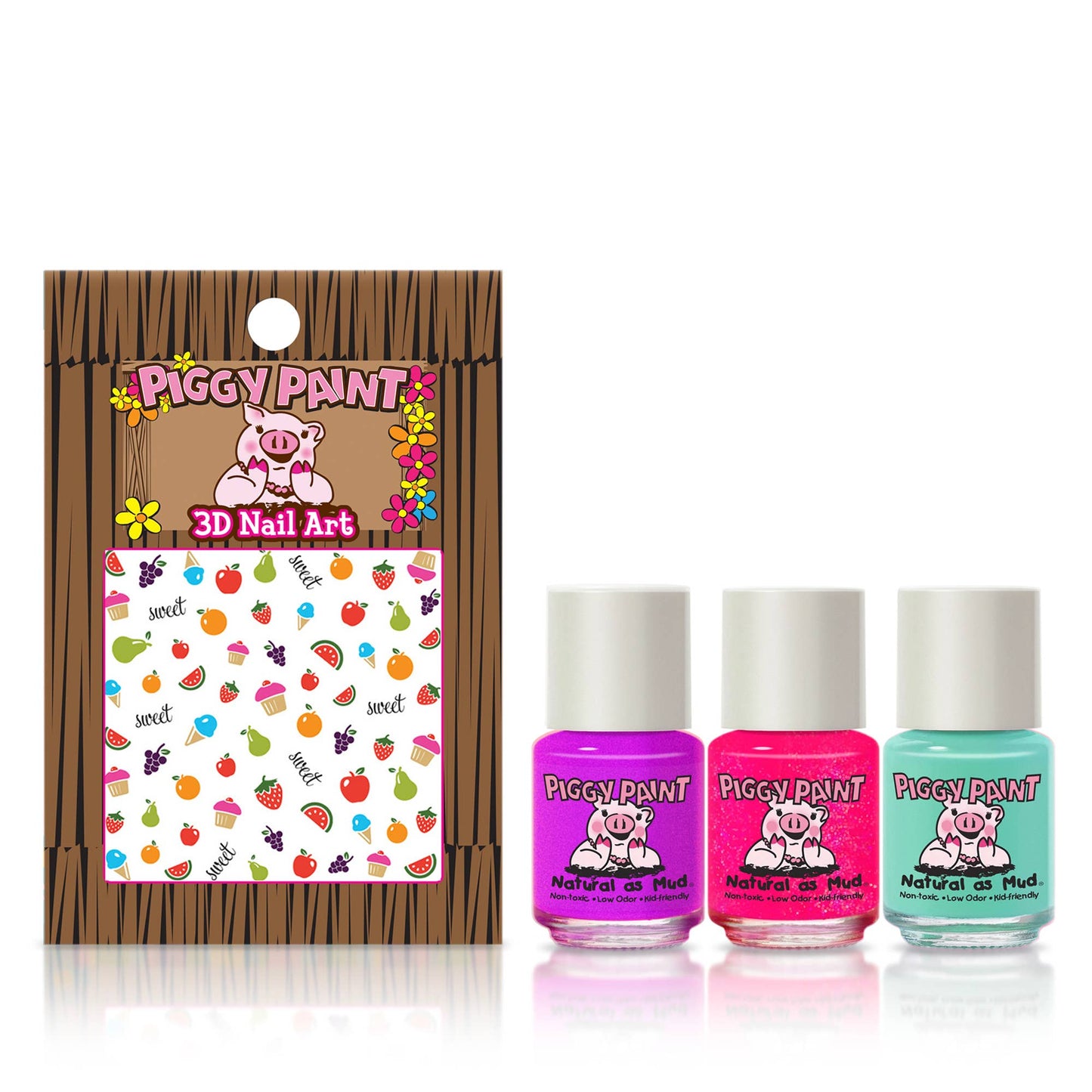 Piggy Paint Groovy Grape Nail Set featuring three fun, non-toxic nail polishes (Groovy Grape, Neon Lights, Sea Ya Later) and Sweetie-themed nail art. Safe for kids and pregnancy, cruelty-free, vegan, and made in the USA.