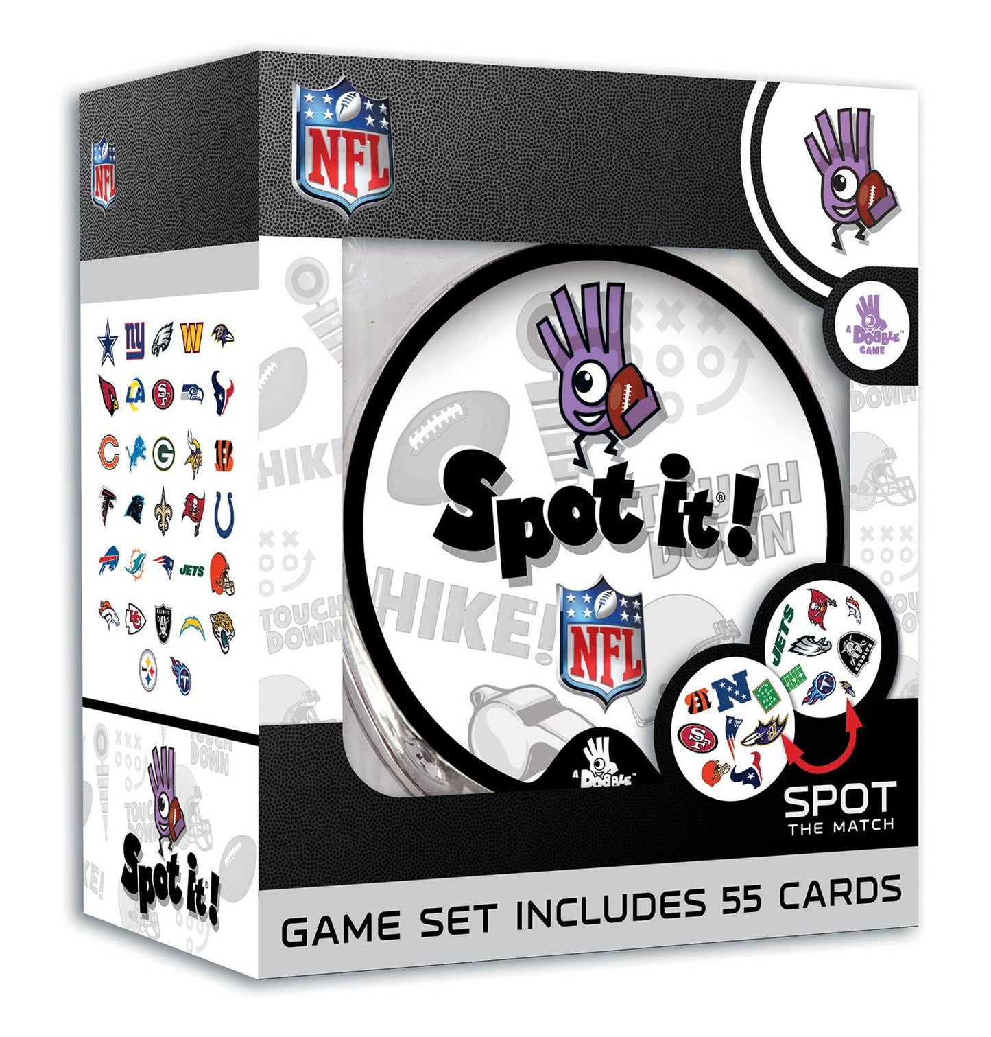 Spot It! NFL Edition: match NFL symbols across 55 cards in 5 mini-games! Fast-paced fun for kids and adults, ages 7+, perfect for family game night!