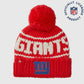 Hand-knit New England Patriots beanie made of 100% merino wool, with 'Pats' stitching and team logo.