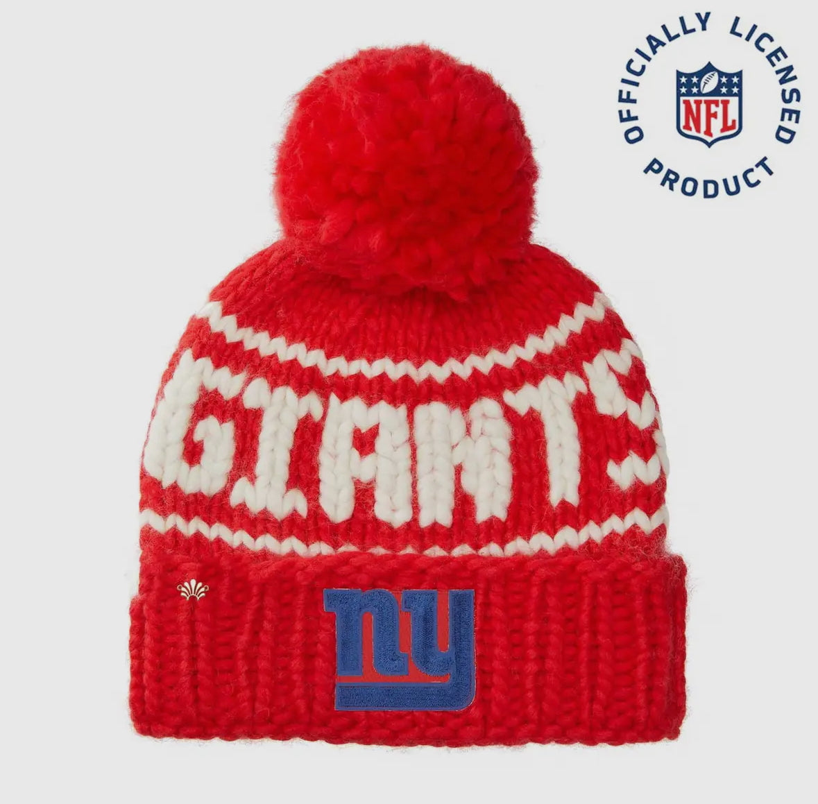 Hand-knit New England Patriots beanie made of 100% merino wool, with 'Pats' stitching and team logo.