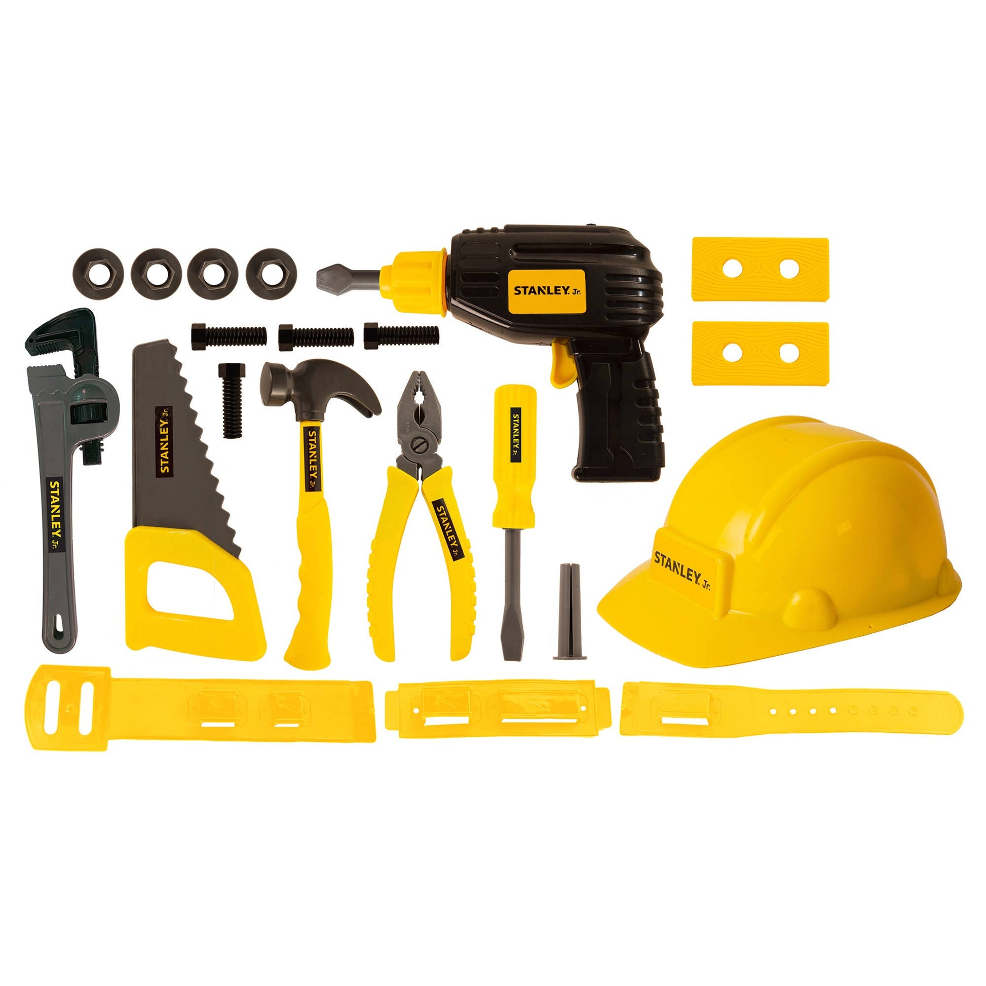 Stanley Jr. Toolbelt Set with 19 kid-sized tools for young builders, perfect for hands-on play, ages 3+.