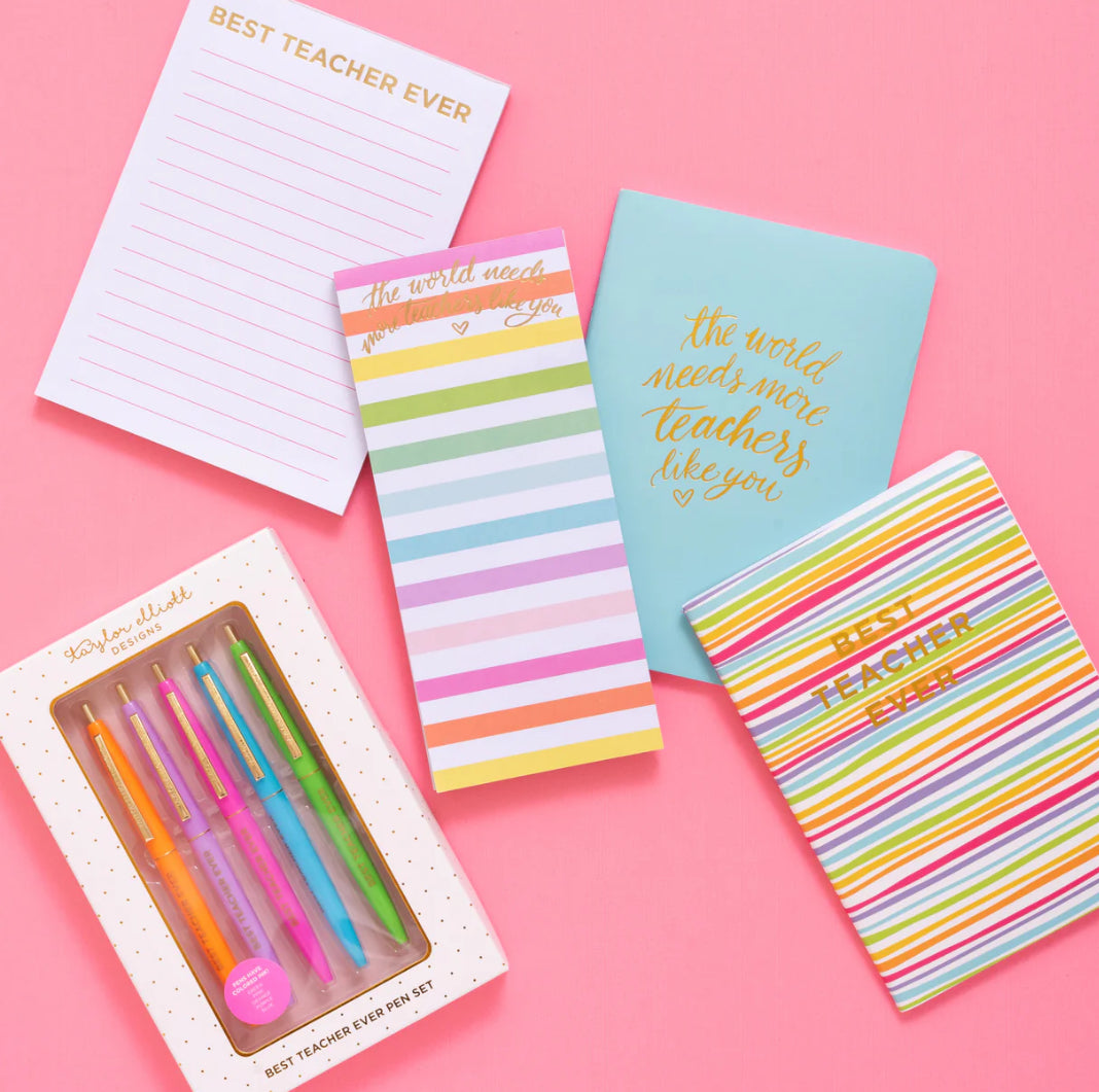 5x7 "Best Teacher Ever" notepad with 50 lined sheets and shiny gold foil on each page. Features a magnet on the back, perfect for teacher appreciation gifts. Comes in shrink-wrap packaging.