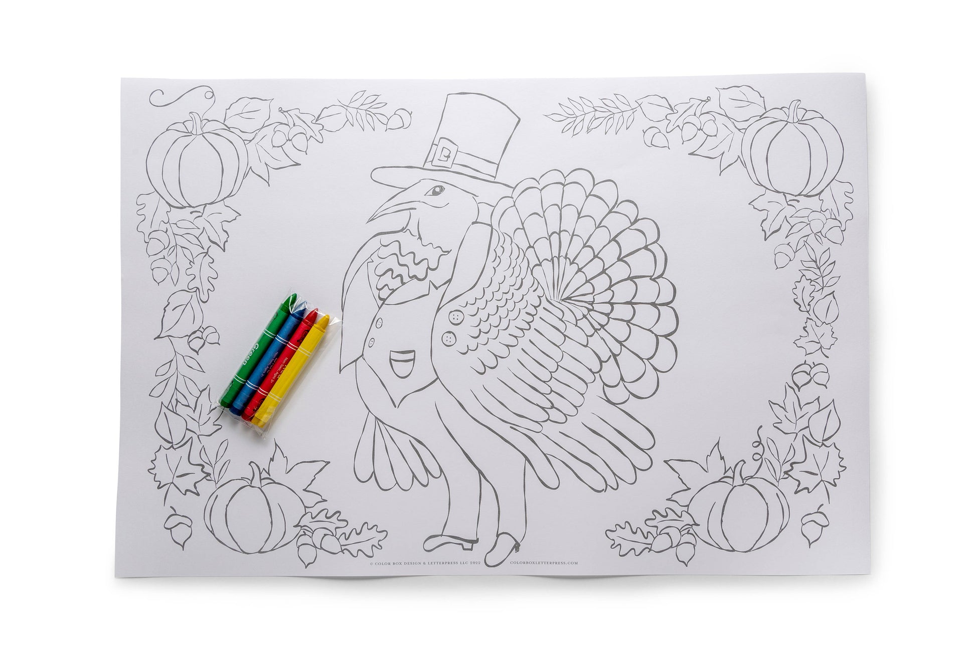 Kids' coloring place mats with charming illustrations, perfect for holiday gatherings. Set of 6, 12"x18" sheets with 6 sets of crayons (4 crayons per set), providing hours of creative fun at the kids' table. Packaged in a sealed cello sleeve.