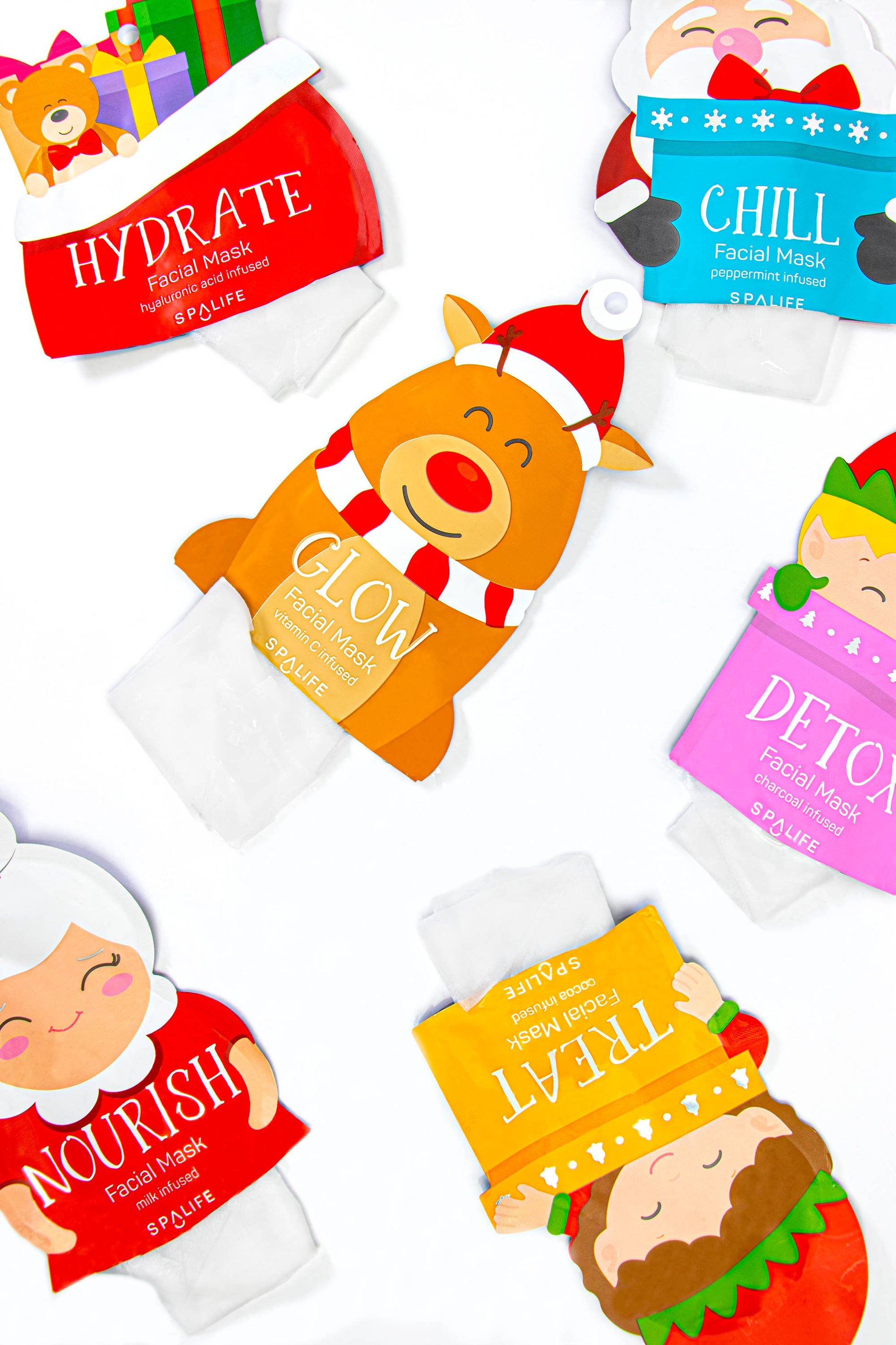 Santa’s Squad Sheet Mask Set with Peppermint & Cocoa. Hydrate, brighten, & soothe winter skin. Perfect for holiday gifting! Sulfate & paraben free.