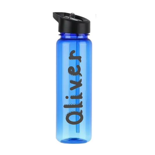 Personalized kids' water bottle in fun colors with customizable names in dinosaur font. 12oz capacity, ideal for school supplies, sports, and travel.