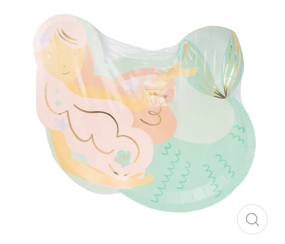 Mermaid-shaped paper plates featuring a playful design, perfect for under-the-sea themed parties. Includes 8 plates, each measuring 9.5 x 10 inches with gold foil accents, adding charm and whimsy to any celebration.