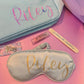 Personalized cosmetic pouch with zipper, featuring custom name, initials, or trendy icons. Lightweight and durable, available in neon or neutral colors with gold zippers. Size: 10" long x 5" wide x 3" deep. Perfect for summer slumber parties, travel, school, or as a makeup organizer. Great gift for girls, bridesmaids, or team members.