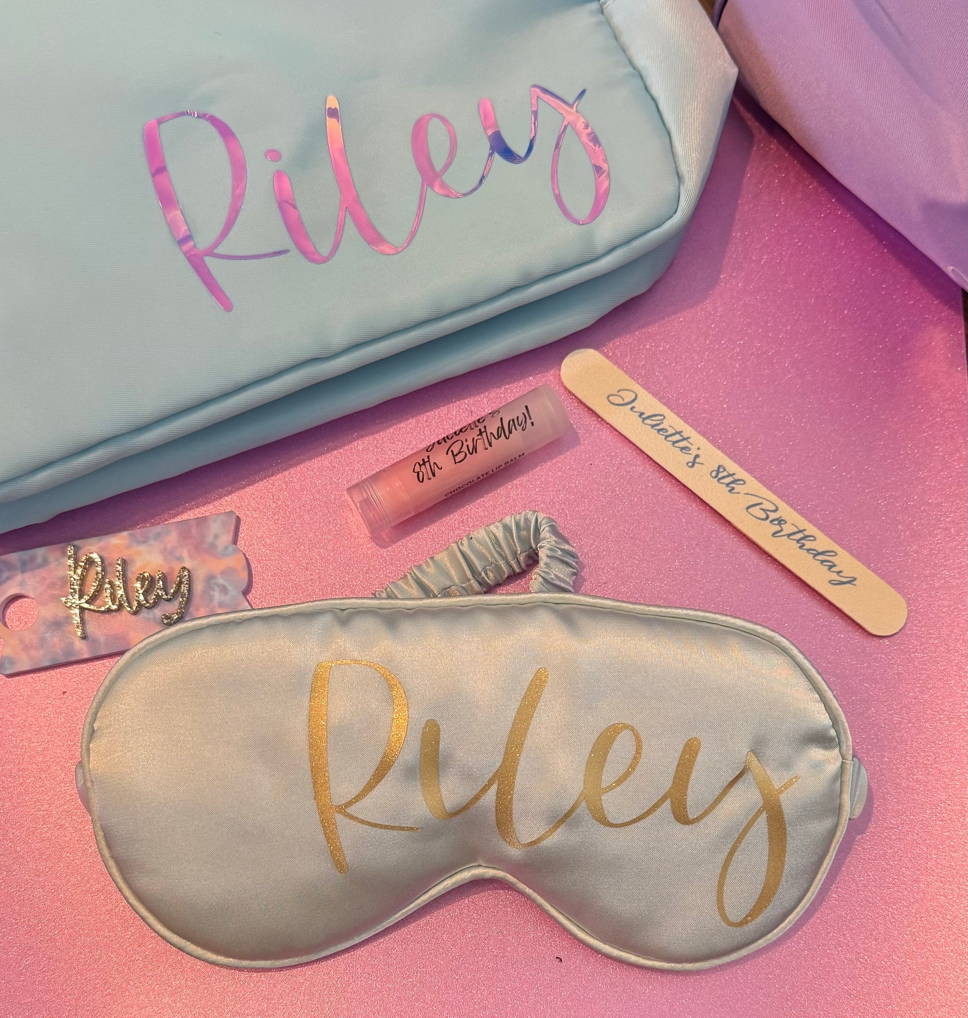 Personalized cosmetic pouch with zipper, featuring custom name, initials, or trendy icons. Lightweight and durable, available in neon or neutral colors with gold zippers. Size: 10" long x 5" wide x 3" deep. Perfect for summer slumber parties, travel, school, or as a makeup organizer. Great gift for girls, bridesmaids, or team members.