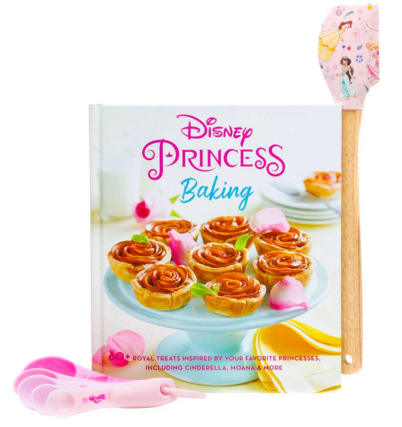 Disney Princess cookbook gift set featuring 60+ recipes inspired by iconic princesses like Tiana, Ariel, and more. Includes exclusive Disney Princess rubber spatula, measuring spoons, full-color photography, and tips for magical baking moments with family.