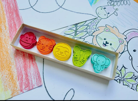 Set of 5 Animal-Shaped Crayons for Kids, featuring vibrant monkey, tiger, sloth, zebra, and elephant designs. Perfect for art projects, birthday party favors, and children's gifts. Safe, non-toxic materials, ideal for coloring fun and creativity.