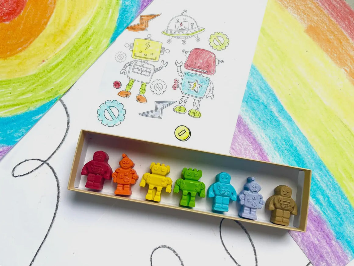 Eco-friendly Robot Crayons made from recycled and upcycled materials, packaged in a stylish box. Great for parties, classrooms, or as unique gifts.