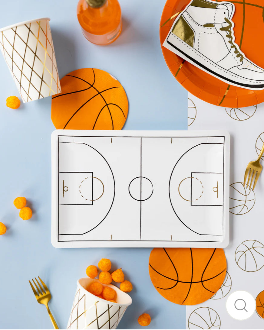 Basketball-shaped napkins, perfect for kids' parties, adding a fun touch to your event. Each package includes 24 paper napkins, measuring 5" x 5