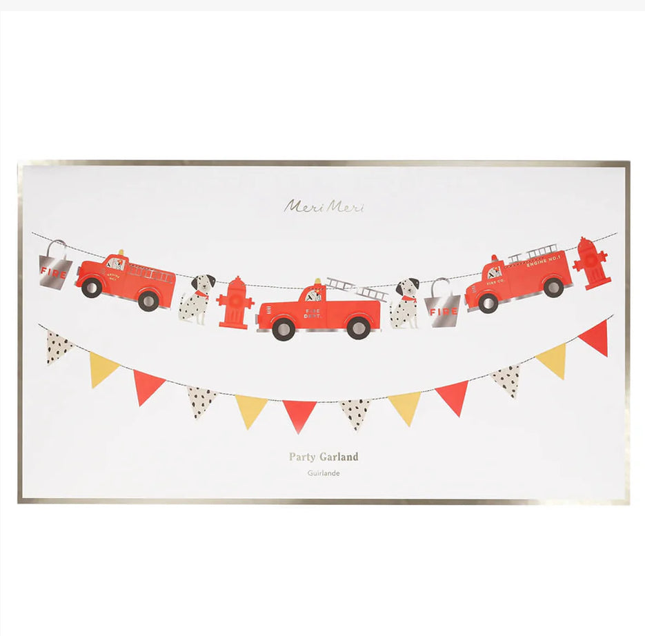 Bright red fire truck garland designed for kids' parties, featuring charming details and eco-friendly materials. Ideal for creating a fun atmosphere at fire-themed celebrations.