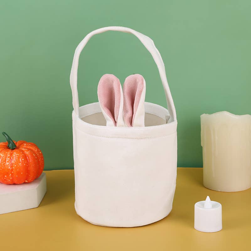 Easter Bunny Ears Basket with Handle – 13cm Bottom Diameter, 12cm Height, Plush Egg Hunt Basket for Kids