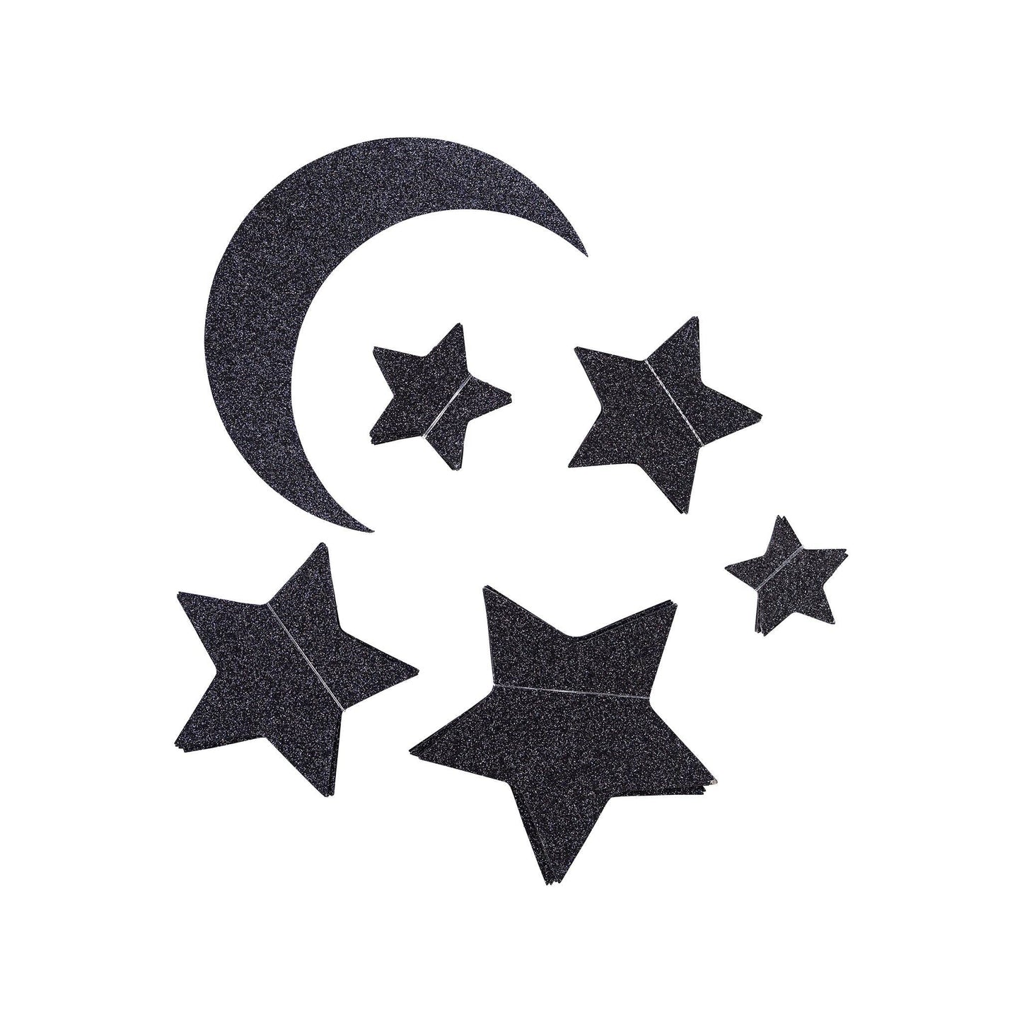 Black glitter star and moon wall décor, featuring 50 shimmering stars and 1 crescent moon, perfect for adding a magical touch to Halloween-themed spaces.