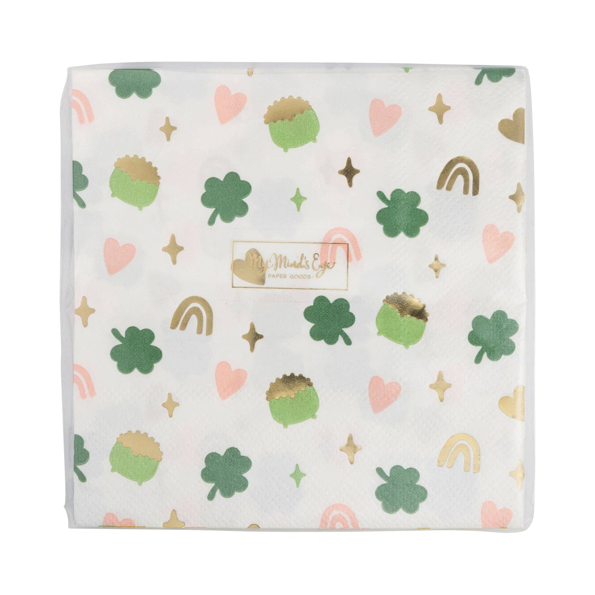 Set of 18 Lucky Charm Cocktail Napkins – 5"x5", shaped with gold foil, perfect for St. Patrick's Day celebrations.