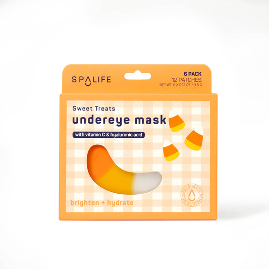 Plant Collagen & Vitamin C-infused under eye masks designed to brighten dark circles, soothe puffiness, and hydrate dry skin, perfect for a refreshing and hydrating Halloween-themed skincare routine.