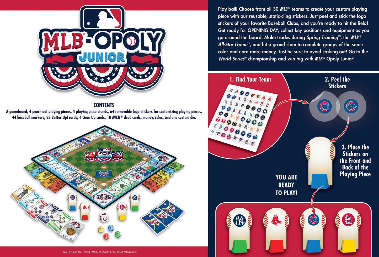 MLB® Opoly Jr. board game with static-cling stickers, create custom playing pieces, collect teams & earn money!