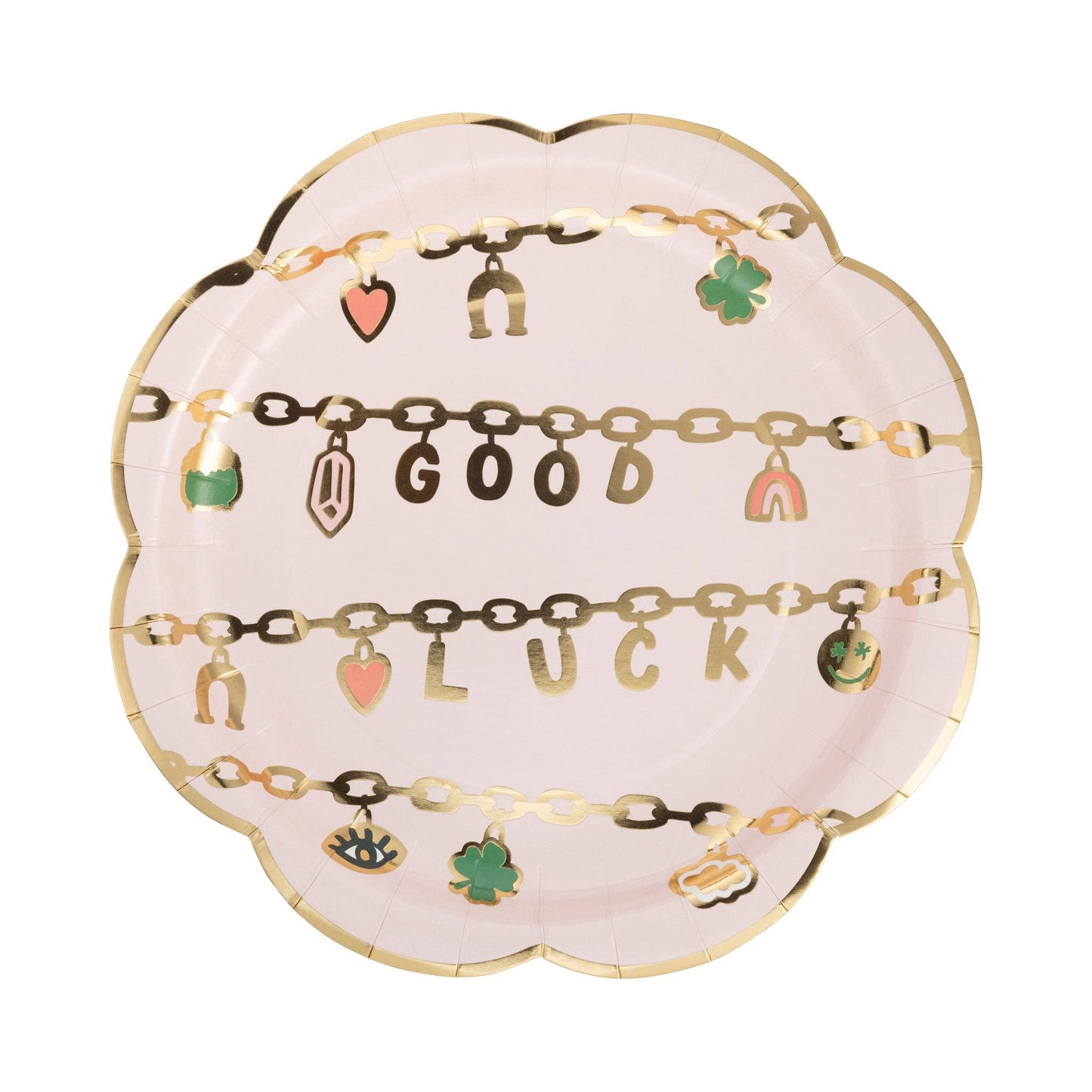 Set of 8 Gold Luck Scallop Plates – 10"x10", scalloped with gold foil, perfect for St. Patrick's Day celebrations.