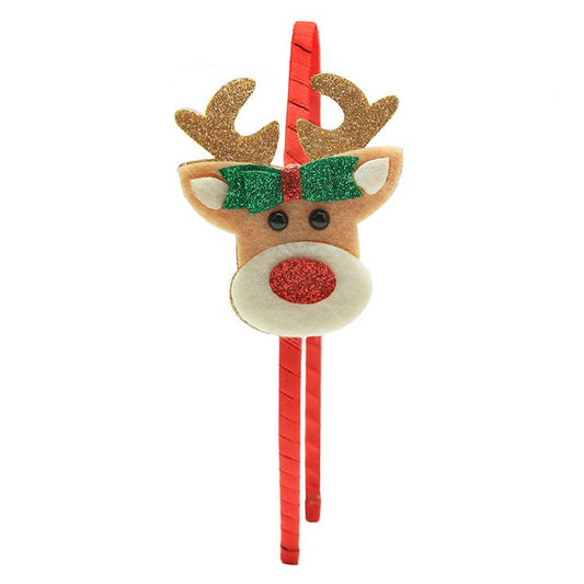 Sparkle Sisters Happy Reindeer Headband featuring a glittery reindeer on a satin-wrapped band, perfect for adding a festive touch to kids’ holiday outfits. Great for Christmas parties and family gatherings.