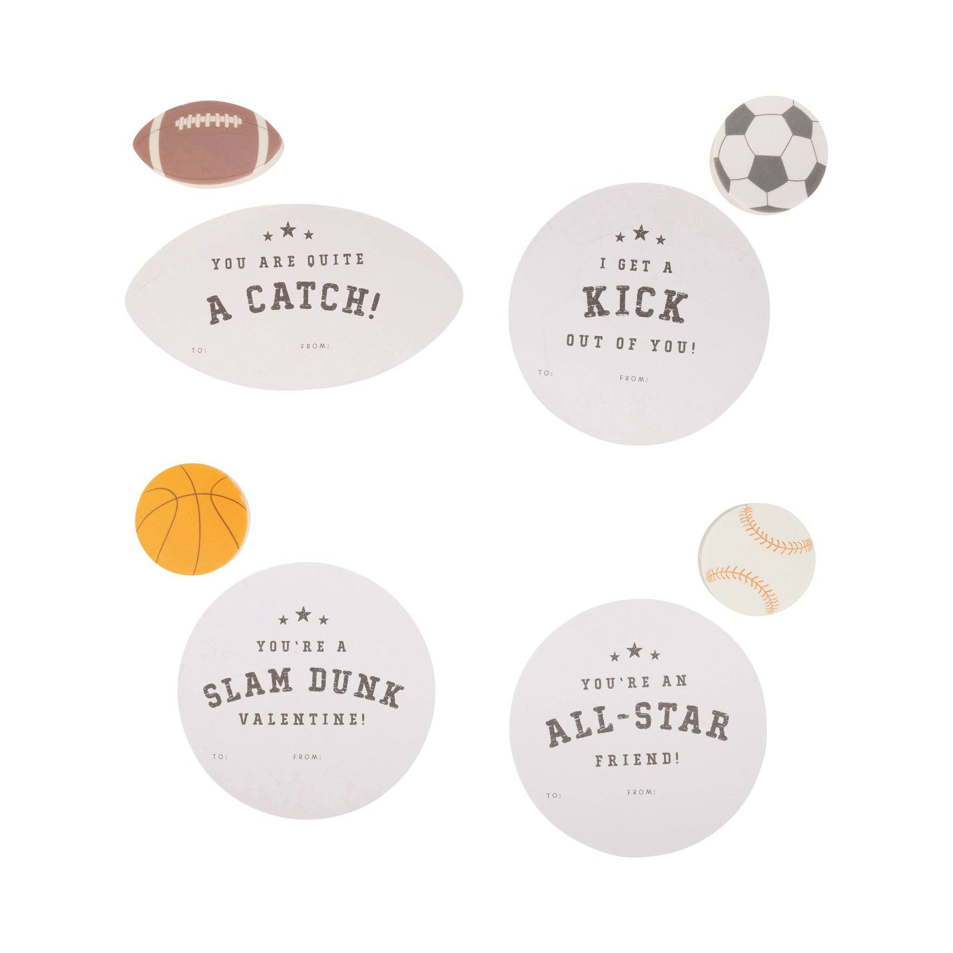 Sports-themed Valentine's cards for kids with erasers, featuring 4 designs of adorable illustrations, 3" x 4" size.