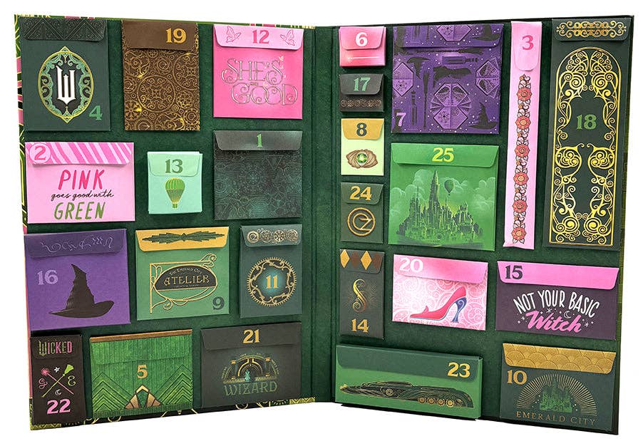 Wicked 25-Day Advent Calendar with collectible Oz-themed surprises, including patches, magnets, coasters, washi tape, and stickers. Perfect countdown gift for Wicked fans to celebrate the holiday season with daily Emerald City and Shiz University keepsakes.