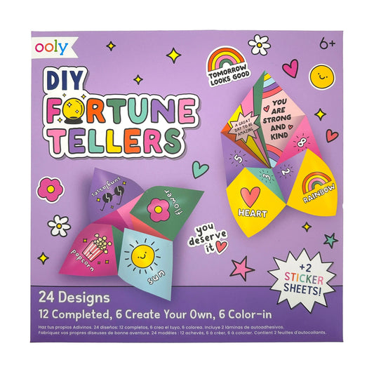 DIY Paper Fortune Teller Kit for Kids with 24 Foldable Sheets, Including Ready-to-Fold, Color-In, and Create-Your-Own Designs, Plus 2 Sticker Sheets for Customization, Perfect for Playdates and Sleepovers.