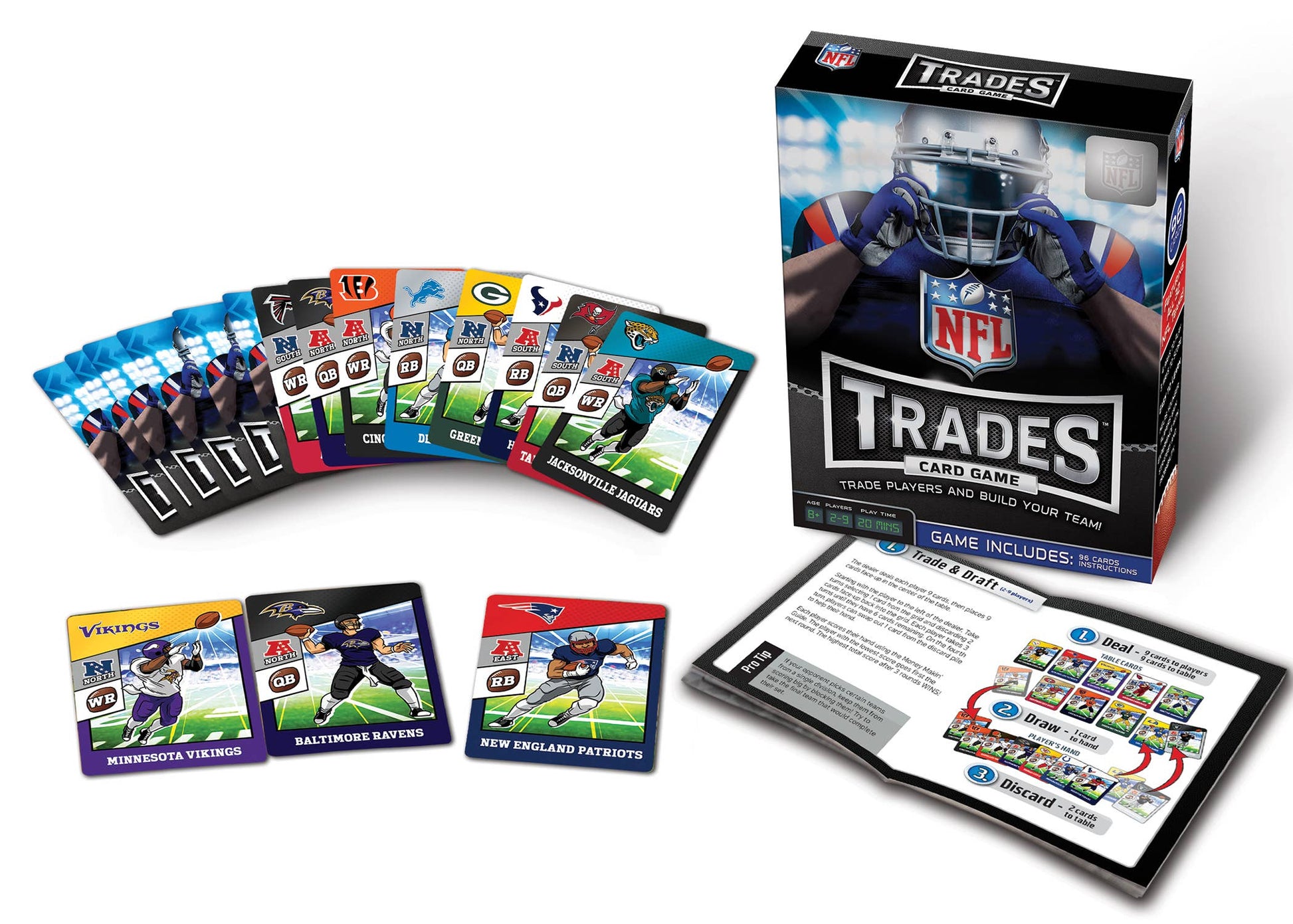 Fast-paced NFL Trades Card Game; build combos of player positions, teams, and divisions to score points and win the ultimate football challenge!