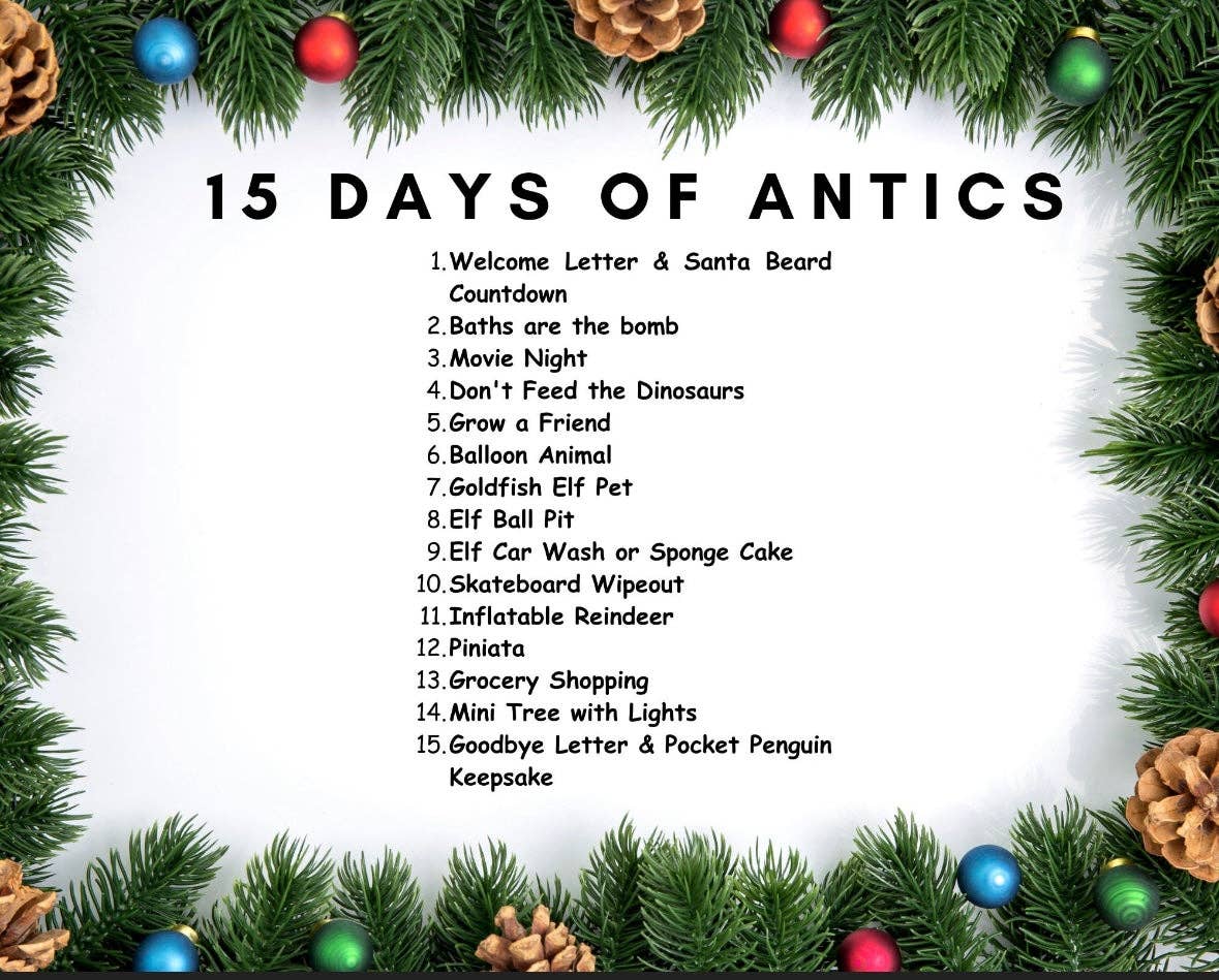 Elf Antics Kit for Christmas, available in 12-day and 24-day options with bonus days, featuring pre-planned elf scenes, activities like movie night, elf car wash, and balloon animals, perfect for holiday fun.