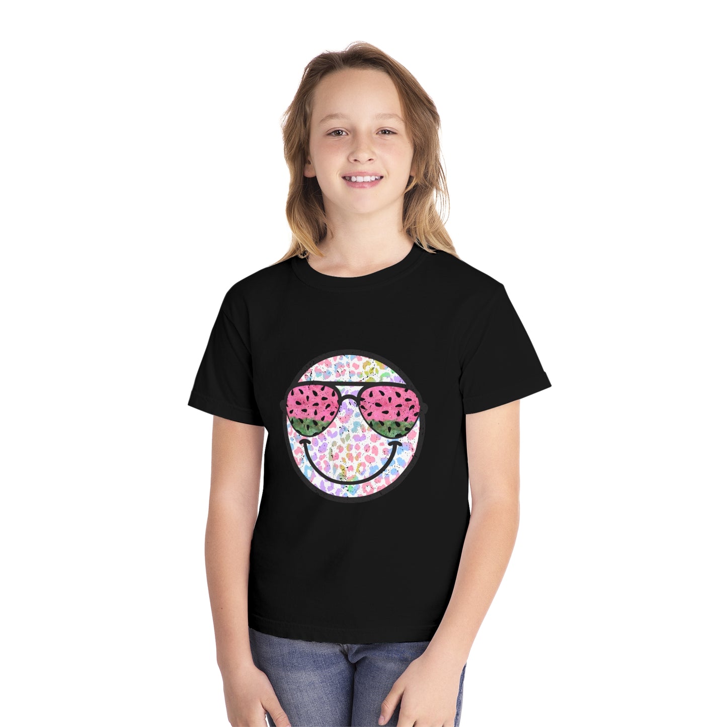 Kids’ summer t-shirt with a leopard print smiley face and watermelon sunglasses. Soft, durable cotton, available in youth sizes XS-XL. Perfect for summer activities.