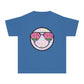 Kids’ summer t-shirt with a leopard print smiley face and watermelon sunglasses. Soft, durable cotton, available in youth sizes XS-XL. Perfect for summer activities.