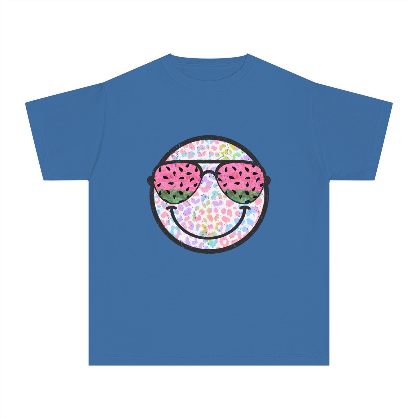 Kids’ summer t-shirt with a leopard print smiley face and watermelon sunglasses. Soft, durable cotton, available in youth sizes XS-XL. Perfect for summer activities.