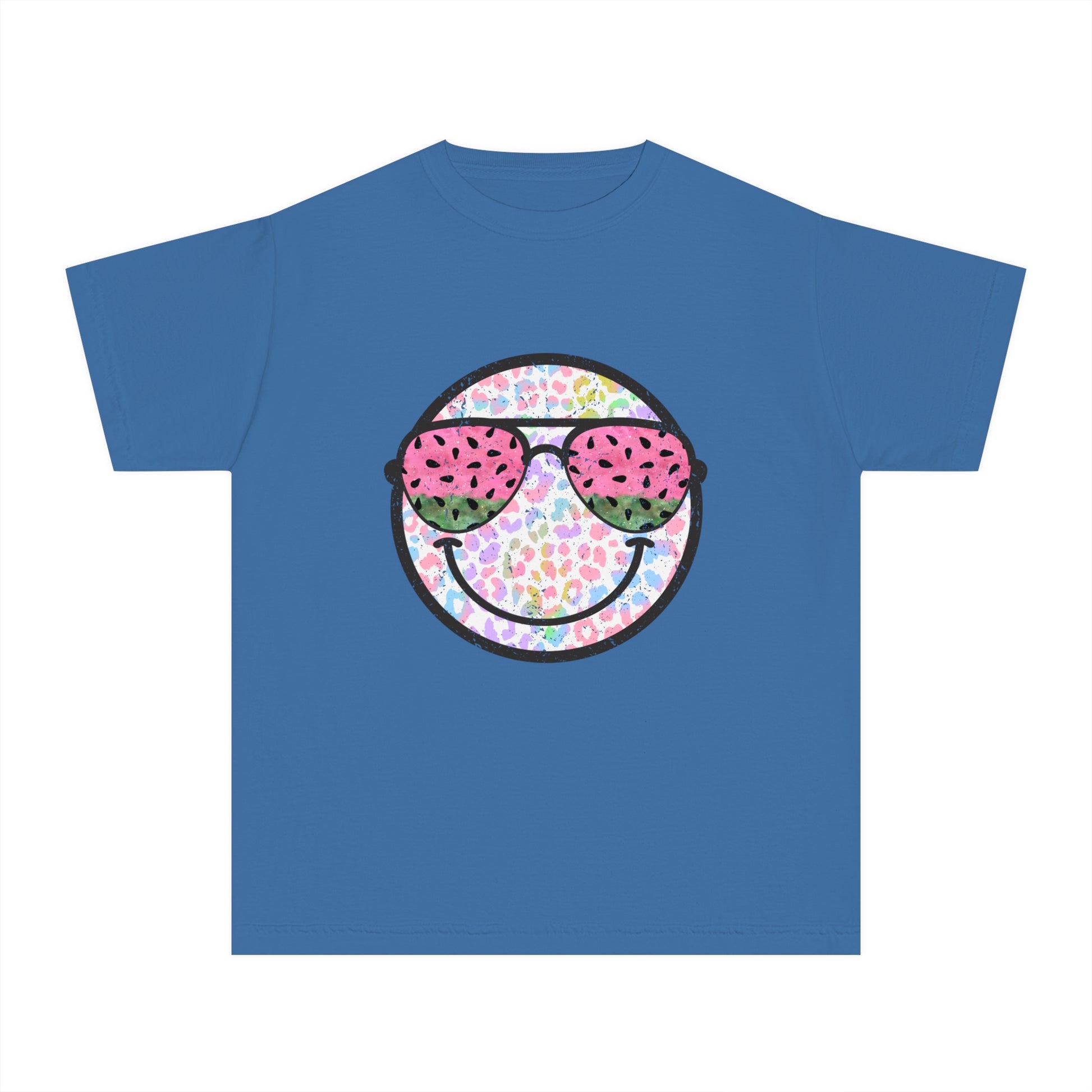 Kids’ summer t-shirt with a leopard print smiley face and watermelon sunglasses. Soft, durable cotton, available in youth sizes XS-XL. Perfect for summer activities.