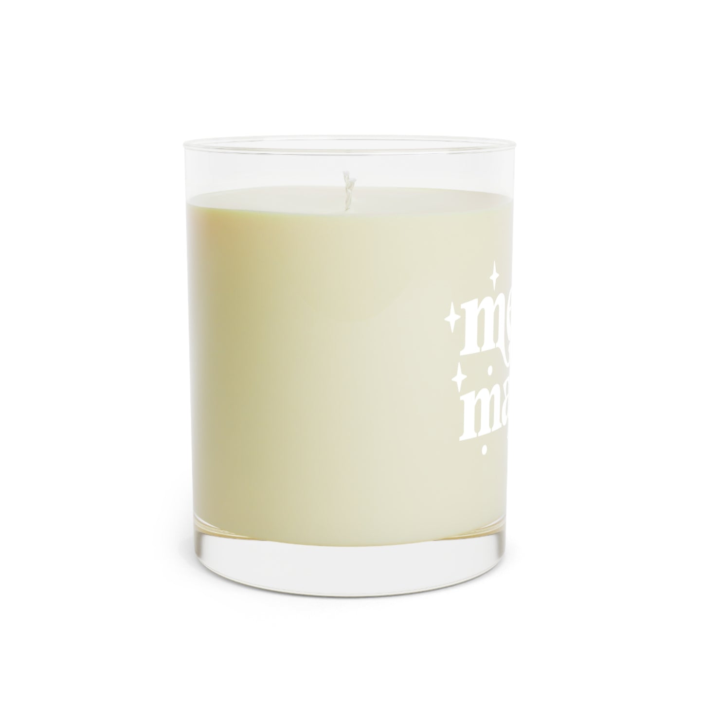 Merry Magic Holiday Candle made of eco-friendly soy wax with white tea and fig scent, featuring two cotton-cored wicks and a sturdy cardboard lid. Perfect for holiday gatherings and home decor. Long-lasting 65-hour burn time, ideal as a unique gift idea for candle lovers and self-care enthusiasts.