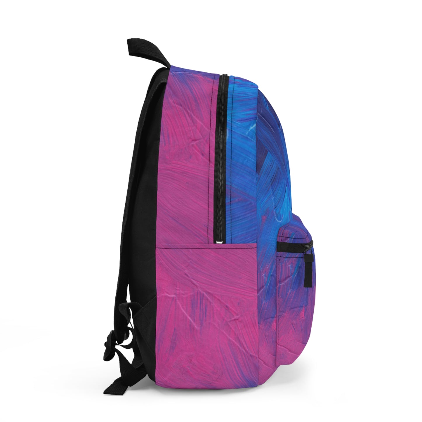 Personalized ombre backpack featuring a unique blue and pink brushstroke design, customizable with initials or a name. This trendy bag includes a roomy main compartment, front zippered pocket, and water bottle holder, making it perfect for school or camp. Ideal for kids, teens, and college students.