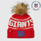 Hand-knit New England Patriots beanie made of 100% merino wool, with 'Pats' stitching and team logo.