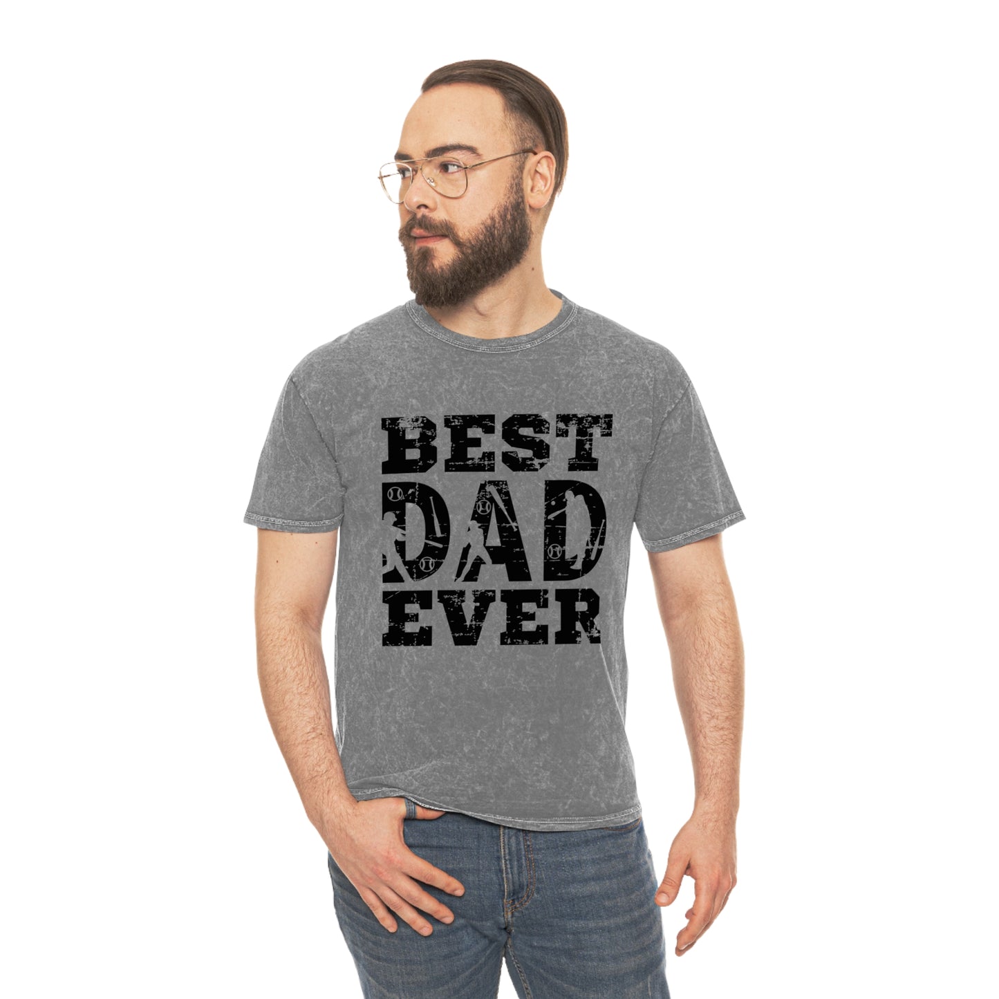 Vintage "Best DAD Ever" baseball tee in mineral wash style, perfect for Father's Day gifts. Featuring bold, retro design for stylish dads who love baseball.