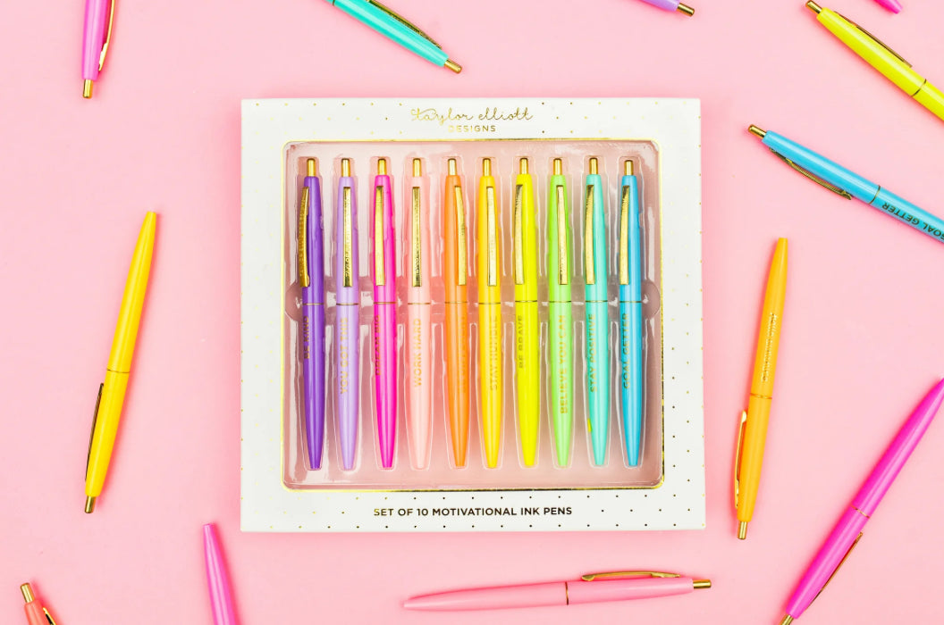 Bright and colorful motivational pens, perfect for an inspirational workspace. Each pen has black ink and gold foil imprinting, with sayings like 'Work Hard' and 'Stay Positive