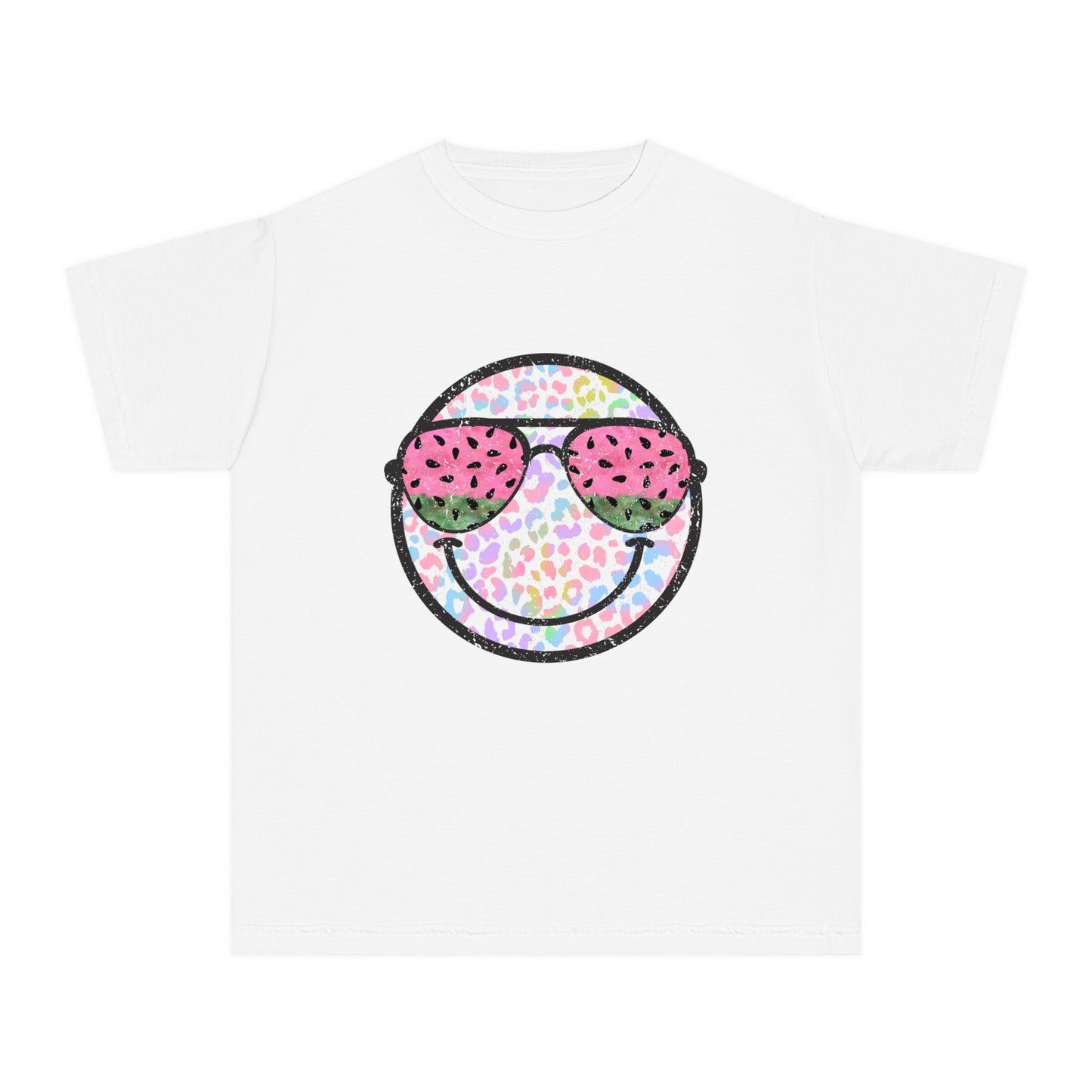 Kids’ summer t-shirt with a leopard print smiley face and watermelon sunglasses. Soft, durable cotton, available in youth sizes XS-XL. Perfect for summer activities.