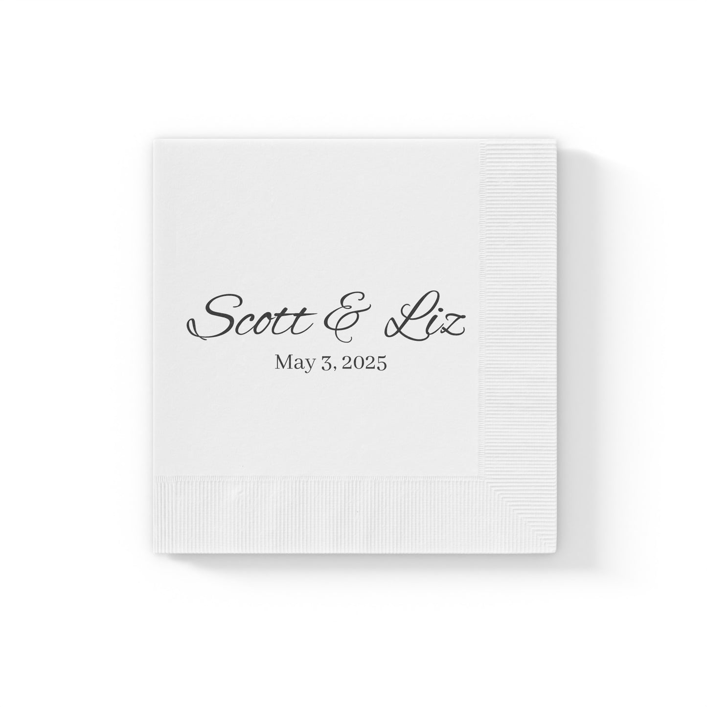 Set of personalized three-ply white napkins available in luncheon (6.5" x 6.5") and beverage (4.8" x 4.8") sizes. Perfect for weddings, birthday parties, and special events, these custom napkins can be personalized with names and event dates, making them a unique gift for brides and grooms. Elevate your celebrations with these stylish and functional napkins, ideal for toasting life, love, and friendship!