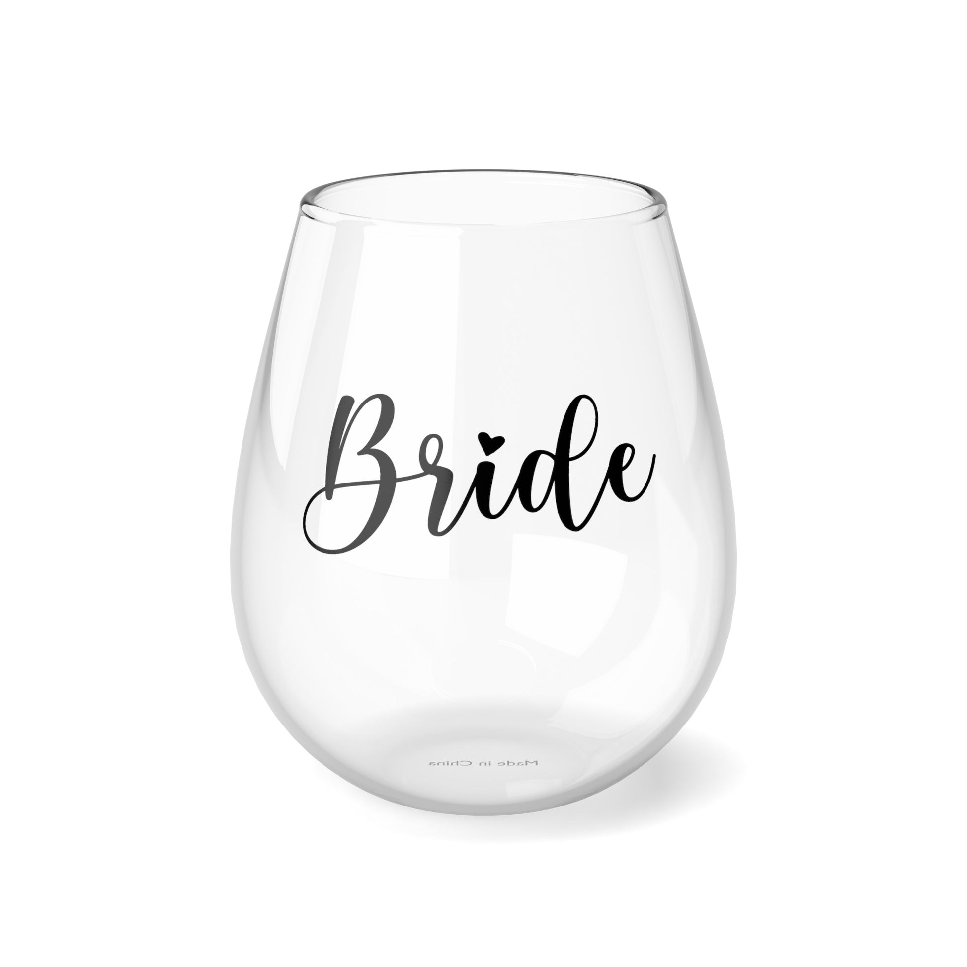 Stemless Bride Squad 11.75oz wine glass with black lettering, featuring an arrow and hearts design. Perfect for bridal party gifts, bridesmaid proposals, and bachelorette party favors. A beautiful way to celebrate sisterhood and friendship leading up to the wedding day.