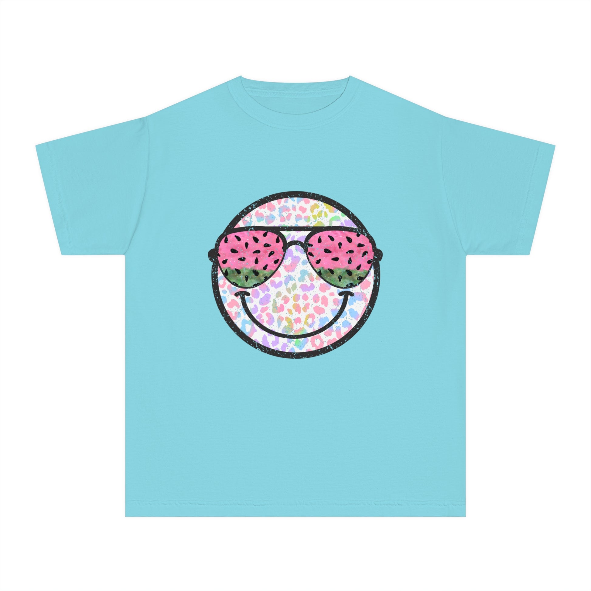 Kids’ summer t-shirt with a leopard print smiley face and watermelon sunglasses. Soft, durable cotton, available in youth sizes XS-XL. Perfect for summer activities.