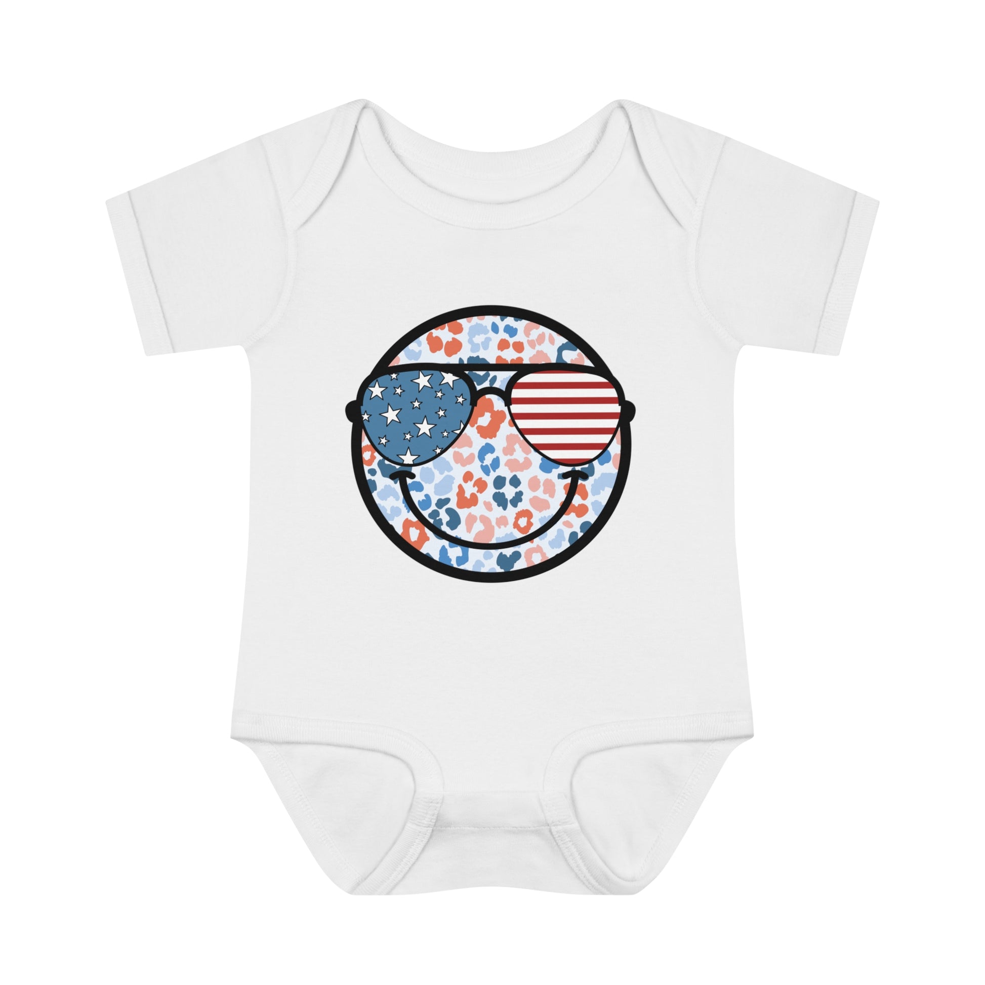 Retro Smiley Face Sunglasses Onesie featuring Patriotic 'Let Freedom Ring' design for Fourth of July celebrations. Vintage style comfort colors t-shirt with smiling happy face and USA flag sunglasses.