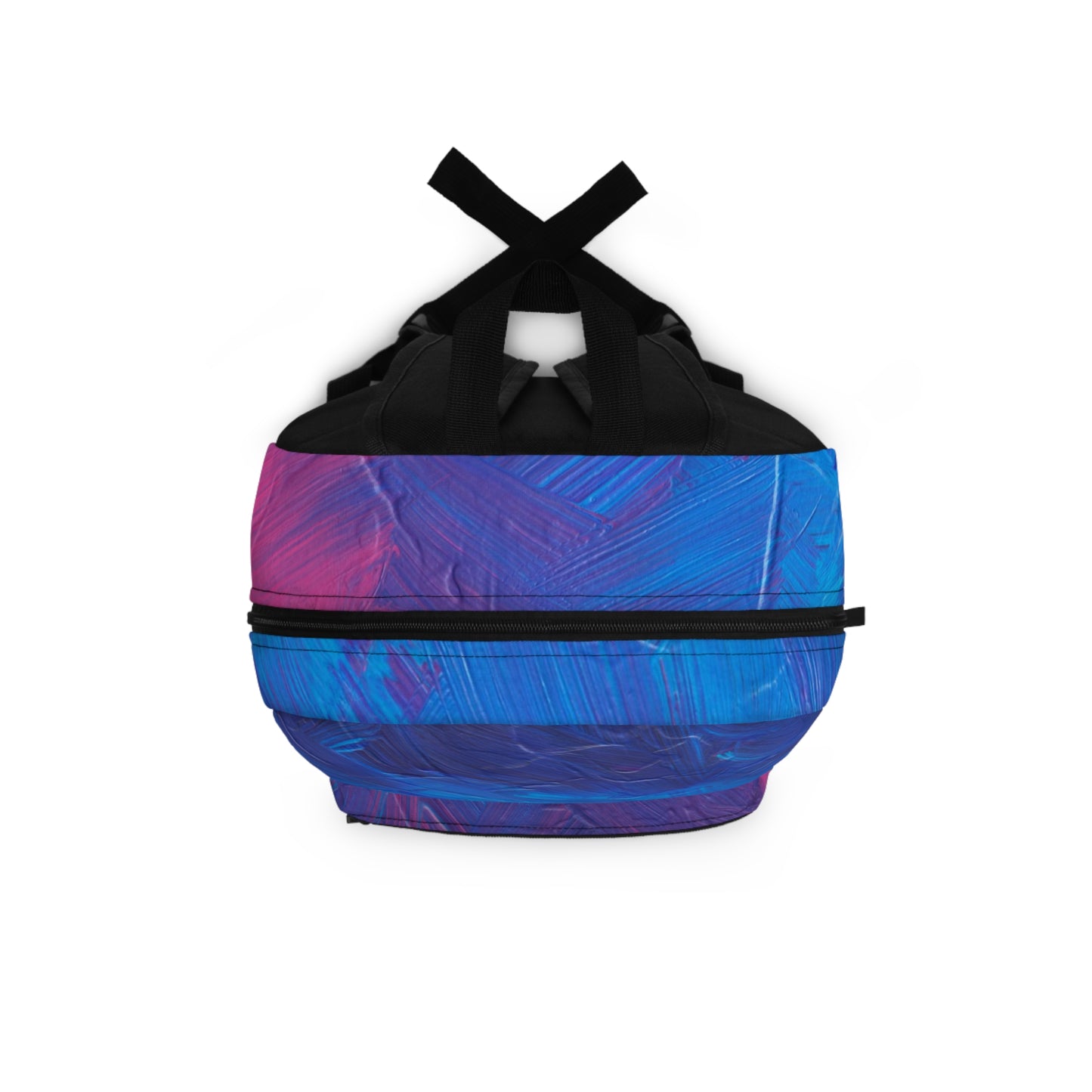 Personalized ombre backpack featuring a unique blue and pink brushstroke design, customizable with initials or a name. This trendy bag includes a roomy main compartment, front zippered pocket, and water bottle holder, making it perfect for school or camp. Ideal for kids, teens, and college students.