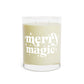 Merry Magic Holiday Candle made of eco-friendly soy wax with white tea and fig scent, featuring two cotton-cored wicks and a sturdy cardboard lid. Perfect for holiday gatherings and home decor. Long-lasting 65-hour burn time, ideal as a unique gift idea for candle lovers and self-care enthusiasts.