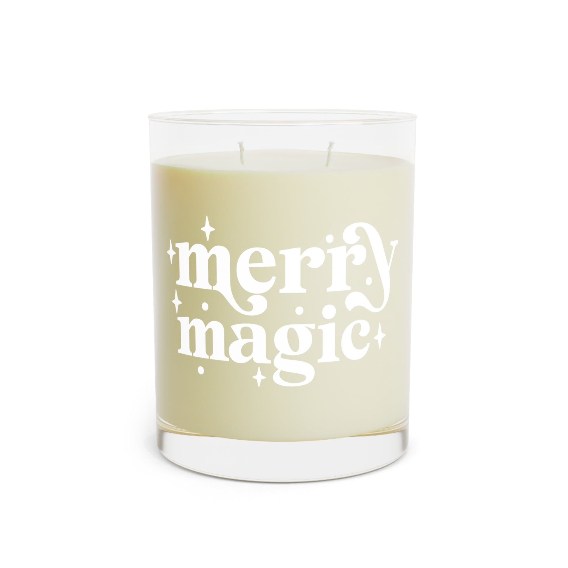 Merry Magic Holiday Candle made of eco-friendly soy wax with white tea and fig scent, featuring two cotton-cored wicks and a sturdy cardboard lid. Perfect for holiday gatherings and home decor. Long-lasting 65-hour burn time, ideal as a unique gift idea for candle lovers and self-care enthusiasts.