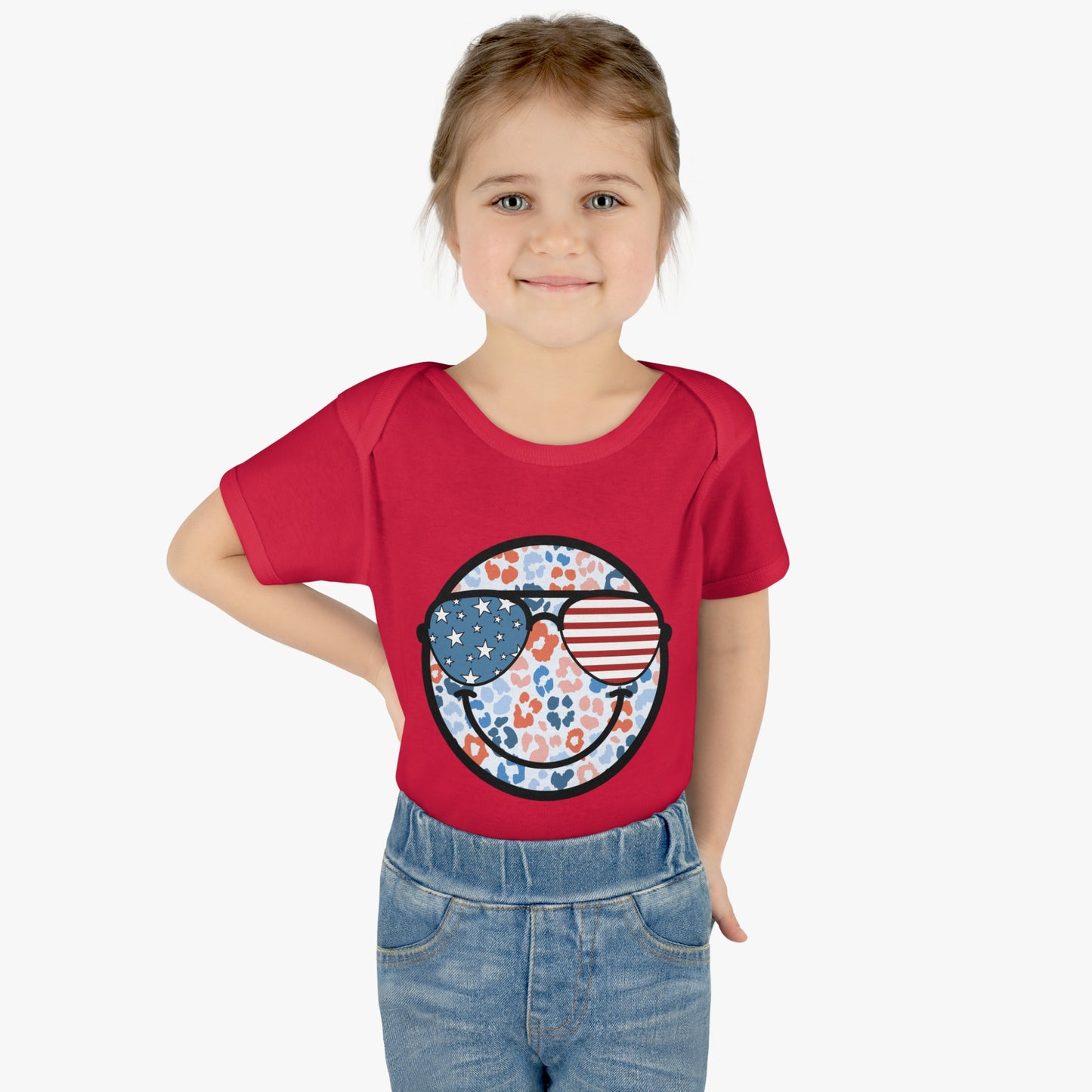 Retro Smiley Face Sunglasses Onesie featuring Patriotic 'Let Freedom Ring' design for Fourth of July celebrations. Vintage style comfort colors t-shirt with smiling happy face and USA flag sunglasses.