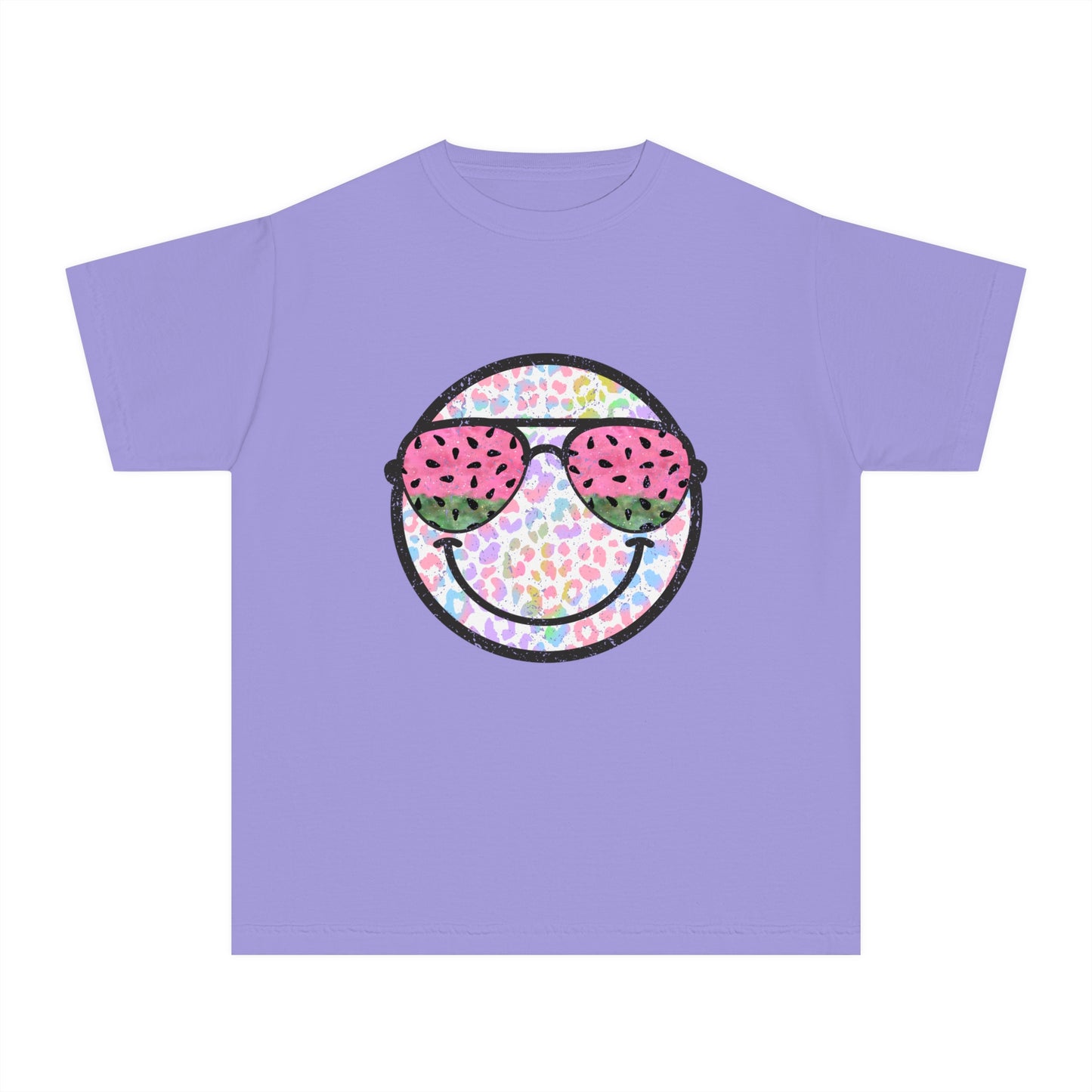 Kids’ summer t-shirt with a leopard print smiley face and watermelon sunglasses. Soft, durable cotton, available in youth sizes XS-XL. Perfect for summer activities.